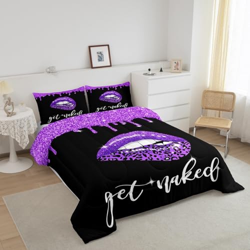 Image of Feelyou Purple Leopard Sexy Lips Comforter Full Size for Boys Girls, Purple Black Get Naked Comforter Set Pink Sexy Lips Bedding Set Funny Get Naked Duvet Set Bed Set 3Pcs Reversible