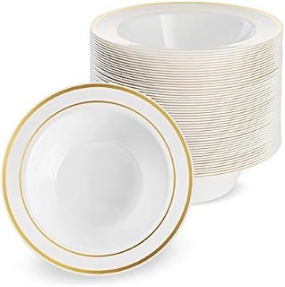 MATANA - Pack of 25 Premium Multi-Use Plastic Party Serving Bowls, White with Gold Rims, 19cm - Dessert, Ice Cream Bowl for Parties & Gatherings