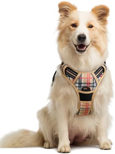rabbitgoo Hundegeschirr Mittelgroße Hunde Anti Zug mit Griff,M,Khaki Tartan | No Pull & Individuell Anpassbar, Atmungsaktiv Gepolstert, 2 D-Ringe, Schnellverschlüsse, Reflektierend