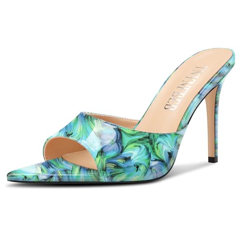 Image of TNYNFBEB Womens Stiletto High Peep Open Pointed Toe Sandals Mules Shoes Slip-on Slingback Office Party Dress Patent Leather Summer 3.9 Inches Heels