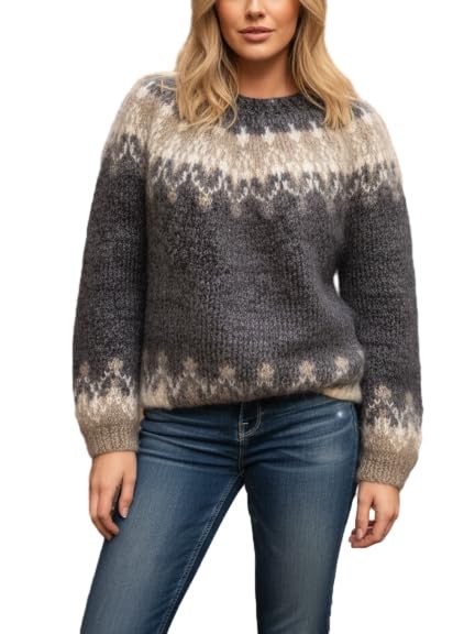 Womens Vintage Fair Isle Cable Knit Sweaters Fall Winter Warm Crewneck Long Sleeve Loose Fit Colorful Sweater Jumper