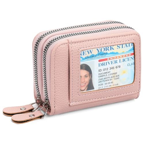 Genuine Leather Wallet for Women RFID Blocking Double Zipper Credit Card Holder with ID Window (Pink)