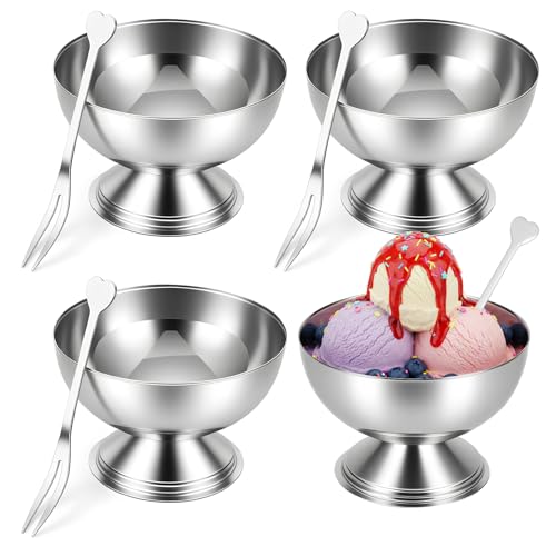 Yuanan 4 Pack Stainless Steel Ice Cream Cup 5.4 Oz Serving Dessert Bowls Silver Coupe Glasses Dessert Footed Bowl for Sundae Fruit Pudding Small Snacks Sauce Condiment Summer Party