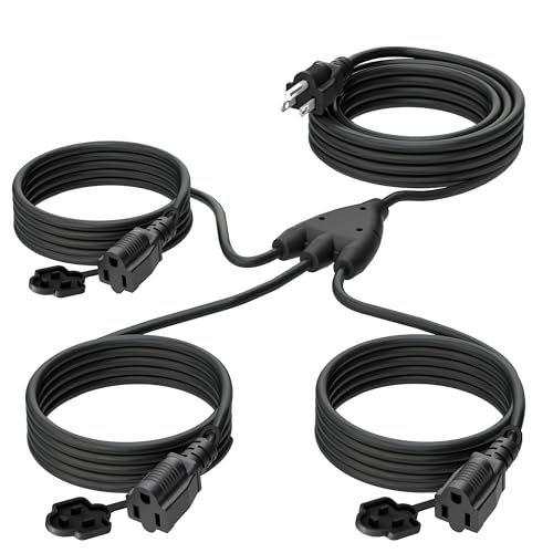Eversimpleinc Black 1 to 3 Splitter Extension Cord (Combined 25 FT, End to End 13 FT), 3 Prong Plug with 3 Extended Outlets, with Weatherproof Covers for Indoor and Outdoor,16AWG/3C SJTW, ETL Listed