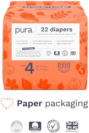 Pura Sensitive Skin Baby Diapers | Size 4 (18-31 lbs) | Hypoallergenic, Totally Chlorine Free, Fragrance Free, Up to 12-Hour Leak Protection | 6 Packs of 22 (132 Diapers) - 1