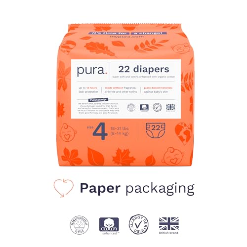 pura sensitive skin baby diapers  size 4 18-31 lbs  hypoallergenic totally chlorine free fragrance free up to 12-hour leak protection  6 packs of 22 132 diapers