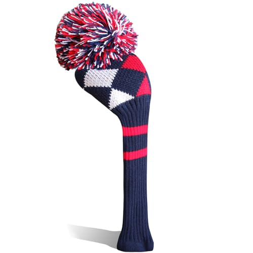 Golf Club Head Covers Knit for Woods Driver Fairway Hybrid Head Cover Knitted Pom Pom Stripes Pattern for Main Wood Clubs (Blue&Red-Driver-1 Pcs)