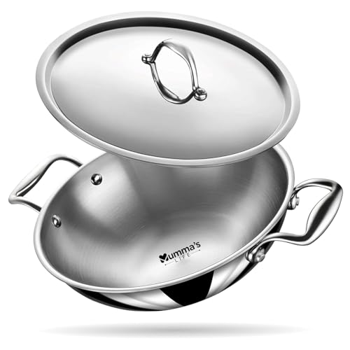 Image of Mumma's LIFE Kadai for Cooking Stainless Steel, 2.3L Triply Stainless Steel Kadai for Cooking with Lid, 22 cm Diameter, 2.5 mm Thick Heavy Bottom for Gas & Induction | Perfect for Deep Frying