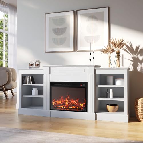Della Electric Fireplace Heater TV Stand, Entertainment Center with Built-In Bookshelves and Cabinets, Remote Control and Enhanced Log Display - White - Thumbnail 2