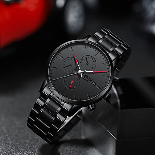 Image of NIBOSI Men's Watches Analog Minimalist Black Dial Watch for Man Business Chronograph Casual Watches Stainless Steel Strap Date