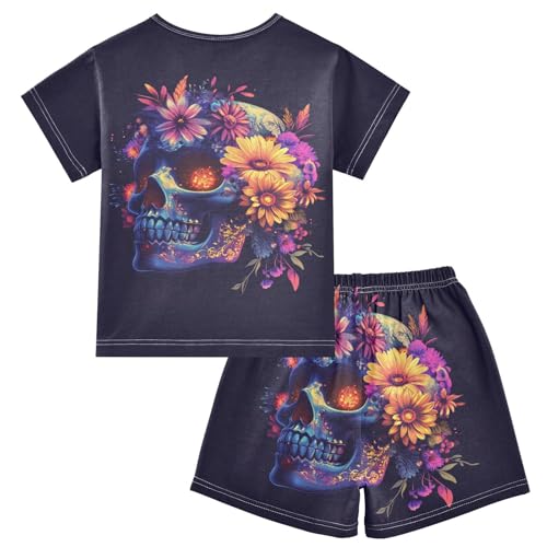 ALAZA Neon Color Skull and Flowers Pajama Set Short Sleeve Sleepwear Soft Lounge Nightwear2
