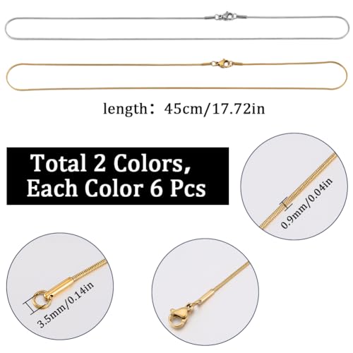 SUNNYCLUE 12 PACK 18 Inch/ 0.45m 1mm Stainless Steel Snake Chain Bulk Silver Gold Snake Chains Necklace Metal Lobster Claw Clasps Cable Chains Necklaces for jewellery Making Supplies Women Adult Diy - Image 2