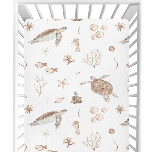 CaTaKu Crib Sheets for Girls Boys Sea Turtles Seashells Baby Sheets for Crib,Neutral Toddler Mini Crib Mattress Sheets Fitted for Nursery Bed 27'x 39'