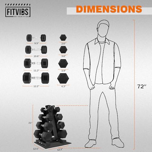Image of Fitvids 100 LB Rubber Coated Hex Dumbbell Set with Storage Rack, 5-25LB Hand Weight Set with Anti-Slip Grip for Home Gym