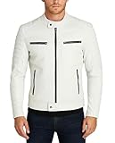 LP-FACON Mens White Leather Jacket Cafe Racer Rider Quilted Motorcycle Biker Jacket Faux Leather