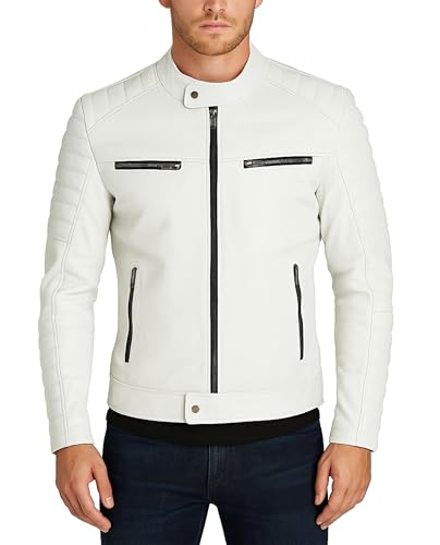 LP-FACON Mens White Leather Jacket - Motorcycle Biker Style Casual Fashion Jacket Outerwear