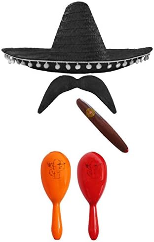 MEXICAN FANCY DRESS ACCESSORY SET. MEXICAN SOMBRERO + MARACAS + TASH. PERFECT FOR MEXICAN FANCY DRESS COSTUMES SENORITA BANDIT MARIACHI (BLACK POM POM SOMBRERO + GREEN AND RED MARACAS)