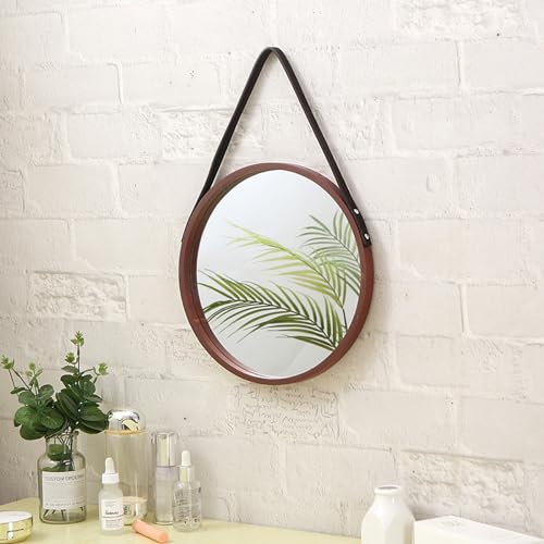 Hosoncovy Wooden Frame Wall Hanging Mirror with Strap Round Wall Makeup Mirror 30CM for Living Room Bedroom Bathroom Wall Decoration (Brown)
