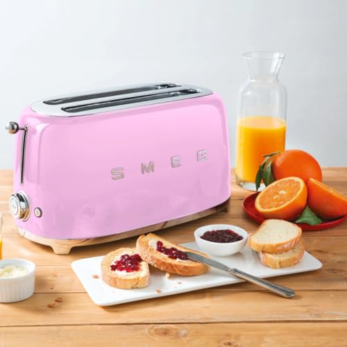Image of SMEG 4 Slice Toaster TSF02, Long Slot Toaster with Wide Slots for Bagels & Artisan Bread, Retro Stainless Steel, 6 Browning Levels, Defrost Reheat Bagel Functions, 1400W - (Pink)