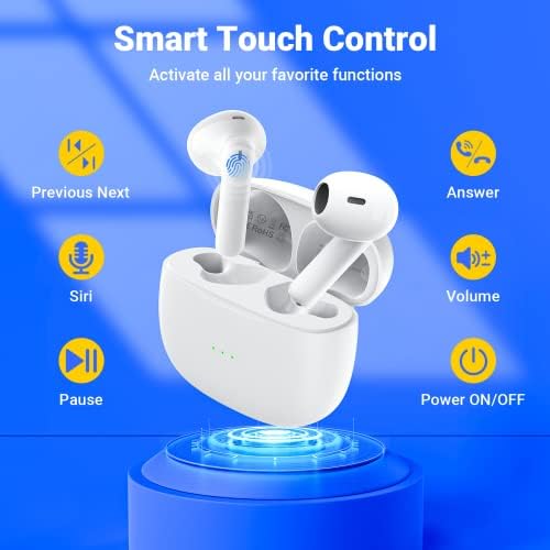 Wireless Earbuds, Wireless Headphones bluetooth 5.3 with 4 Mic AI Call Noise Cancelling/Smart Touch Bluetooth Earphones with 36 Hours Playtime Type-C Fast Charge IPX6 for Sports/work/Study/Call White