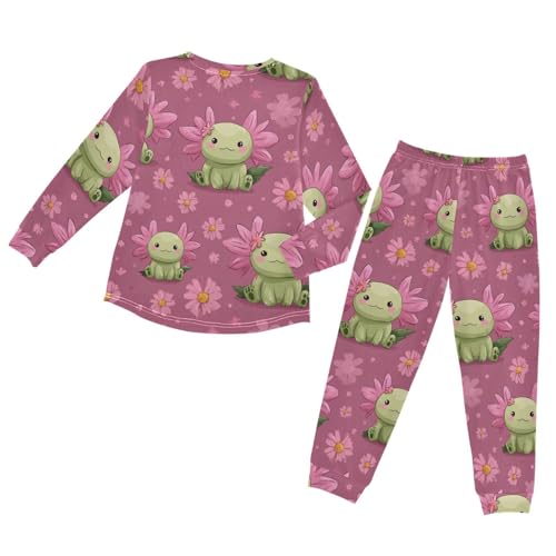 Cute Green Axolotl with Flowers Soft Pajama Set for All Seasons,Breathable Pjs Long Sleeve Sleepwear,Comfy Loungewear 2 Piece Underwear Set 5T2