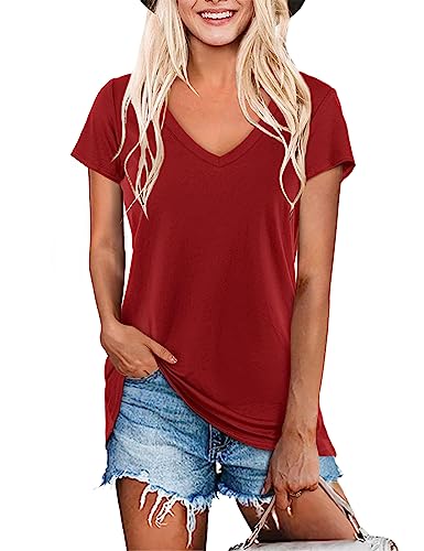 Beluring Women's Summer V Neck Tops Short Sleeve Plain Casual Tshirts Red Xl #TOP9