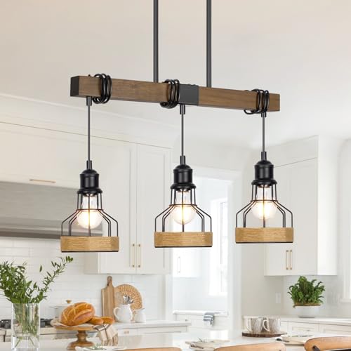 3-Light Dining Room Light Fixture Over Table Chandelier Rustic, Solid Wood Kitchen Island Lighting Fixture Ceiling Linear Dining Ceiling Mount Lamp Modern Metal Lampshade Dining Pendant Light by Sparluvix - Used condition - Image 2