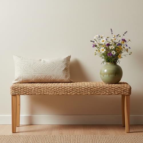 Image of Indoor Bench Wicker for Entryway Bench, Wood Bench for Living Room Dining Bench or End of Bed Bench, 47 inch Boho Bench with Solid Wood Acacia & Natural Woven Seat, Rustic Farmhouse Rattan Hallway Bench