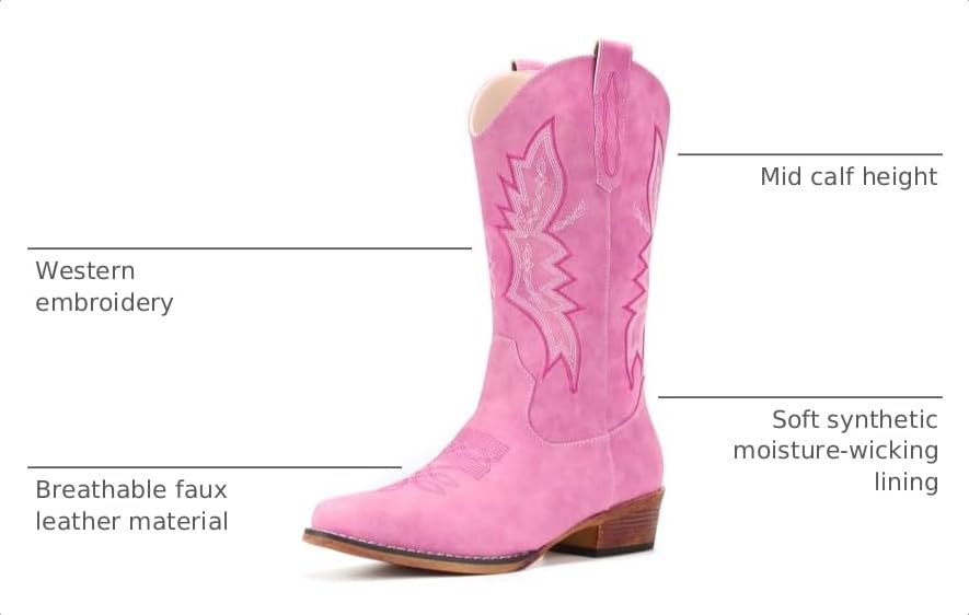 Image of IUV Cowboy Boots for Women Mid Calf Pull-On Cowgirl Boots | Wide Calf Ponited-Toe Western Boots