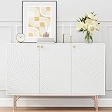 Vrullu White Storage Cabinet with 3 Doors, Wood Sideboard Buffet Storage with Rose Gold Legs, Anti-tip Kit Accent Cabinet with Adjustable Shelf for Living Room, Hallway, Entryway, Dining Room