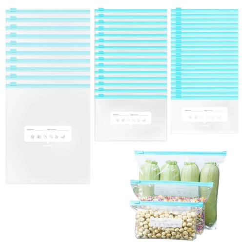 FxlStelrion 45 Pezzi Sacchetti Gelo, 3 Misure di Sacchetti Alimenti Richiudibili, Aacchetti Freezer per Frutta, Verdura, Carne, Cereali e Snack