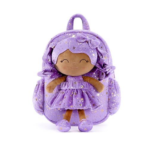 Image of Gloveleya Toddler Backpacks Baby Girl Gifts Curly Hair Plush Figures Dress Backpack - Deep Purple with Gold Stars 11''