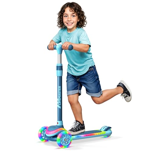 Lifemaster 3-Wheel Kids Scooter with Multi-Color Lights on Deck & Wheels – 5-Height Adjustable Handlebar, Wide Anti-Slip Deck, Child Safety Certified, Boys & Girls Ages 3+ Supports Up to 150 lbs, Blue