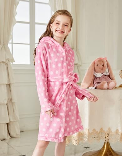 Arshiner Boys Girls Flannel Bathrobes Soft Fuzzy Hooded Robe Sleepwear with Belt for Kids4