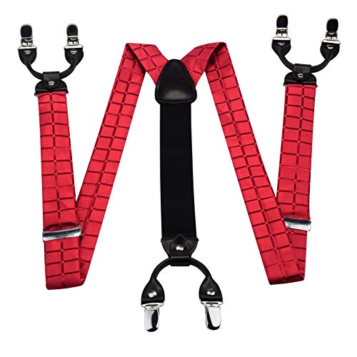 Image of GUSLESON Adjustable Plaid Floral 6 Clips Y Shape Suspenders Pre-tied Bow Tie and Pocket Square Set with Gift Box