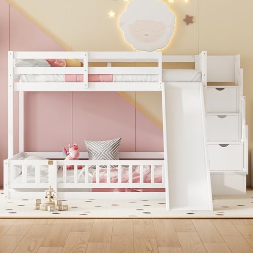 Twin Over Full Bunk Bed with Slide and Storage Staircase,Floor Bunk Beds,Kids Bunk Bed with Safety Guardrails,Low Bunk Bed for Girls Boys,White