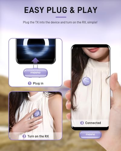 Image of MAONO Wireless Collar Mic for YouTube PC and Type C Mobile, Noise Cancellation Lapel mic with 6H Battery, 100m Transmission, Gain, Mute, Monitoring for YouTube, Vlogging, Podcasting (WM620-Purple)