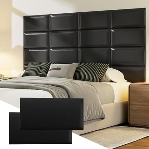 Elvone Upholstered Headboard Panels, 12 Panels Sized 7.8" x 15.7" Peel and Stick Padded Wall Panels for Kids, 3D Anti-Collision Wall Mounted Bed headboard for Full, Black Cover