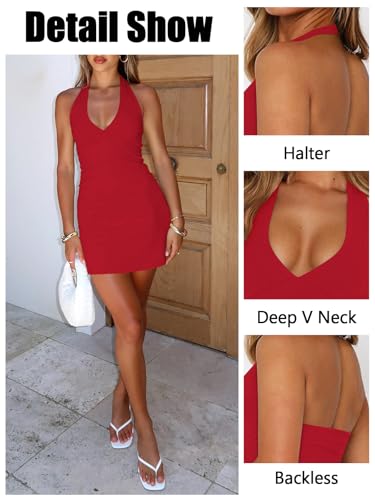Image of Women's Sexy Halter V Neck Mini Dress for Women Summer Slim Fit Going Out Club Party Bodycon Short Dresses