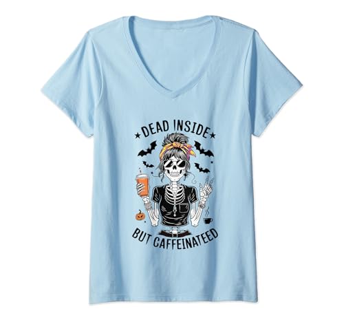 Mujer Dead Inside But Caffeinated Skeleton Haloween amante del café Camiseta Cuello V