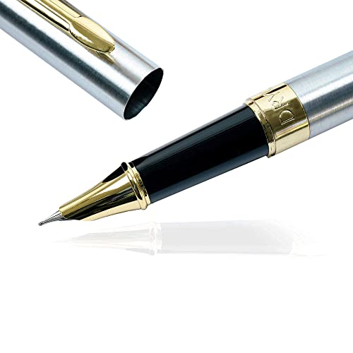 Dryden Designs Fine Nib Fountain Pen - Includes 24 Ink Cartridges - 12 Black And 12 Blue - Silver - Smooth Elegant Writing With Fine Nib And Ink Converters #TOP1