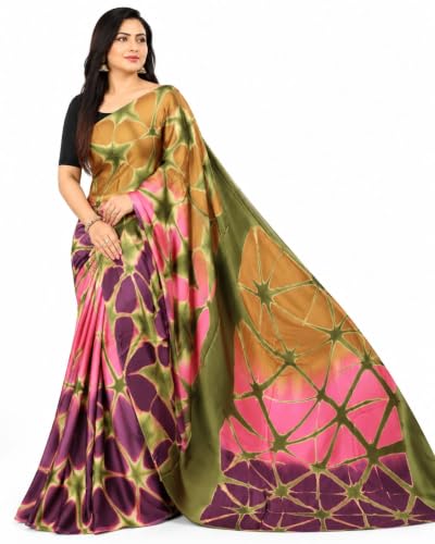 MADAME BANARASI SAREES Women’s Ajrakh Hand Block Printed Modal Soft Silk Saree with Blouse Piece (Olive Green