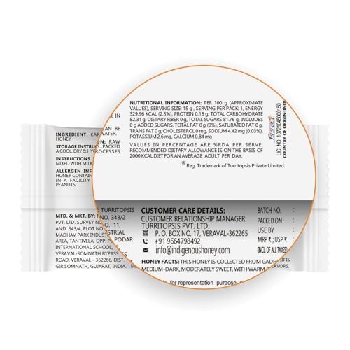 Image of INDIGENOUS HONEY Natural Karanj Honey Organic Raw Pure Unprocessed Added Sugar Free NMR Tested Unpasteurized Unheated 15 Travel Sachets 15g Each Total 225g