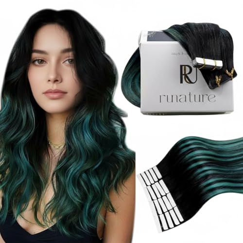 RUNATURE Tape Extensions Echthaar Schwarz Ombre Grün Tape in Echthaar Extensions 40cm Teal Balayage Echte Haare 20 Stück 50g #1b/Teal