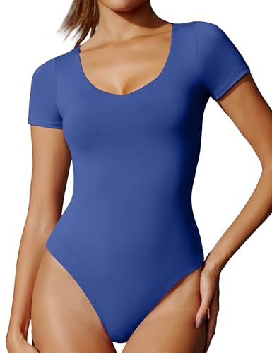 IUGA Bodysuits for Women Tummy Control Short Sleeve V Neck Body Suits for Womens Compression Slimming Thong Bodysuit