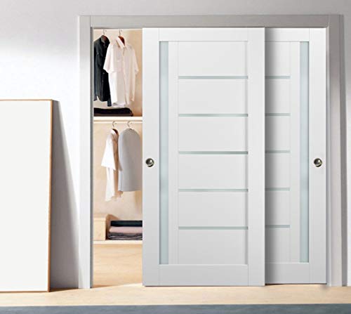 Sliding Closet Bypass Doors 60 X 80 With Hardware | Quadro 4088 White Silk With Frosted Opaque Glass | Sturdy Top Mount Rails Moldings Trims Set | Kitchen Lite Wooden Solid Bedroom Wardrobe Doors #TOP1