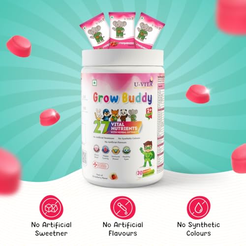 Image of U-VITA Grow Buddy Multivitamin Gummies for Kids (2+ Years) | No Added Sugar | 27 Essential Vitamins, Minerals & Pure herbal extracts | Made in India and Formulated in the UK | 30 Gummies, Strawberry