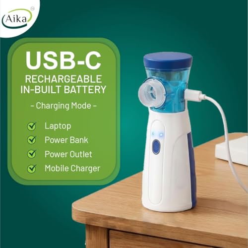 Image of Aika Portable Mesh Nebulizer Machine for Adults & Kids - Ultra-Quiet Handheld Cool Mist Inhaler with Self-Cleaning Mode, USB-C & Battery Operated Travel Steam Kit for Respiratory Care (White, 6 Month Warranty)