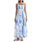 Women Summer Sleeveless Backless Long Dress Casual Vintage Floral Print Tie Back A-Line Party Dress Vacation Beach Sundress (Blue, L)