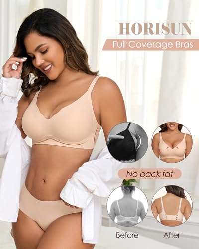 HORISUN Wireless Bras for Women V Neck Wavy Seamless Bras for Women No Underwire (Nude L), Large